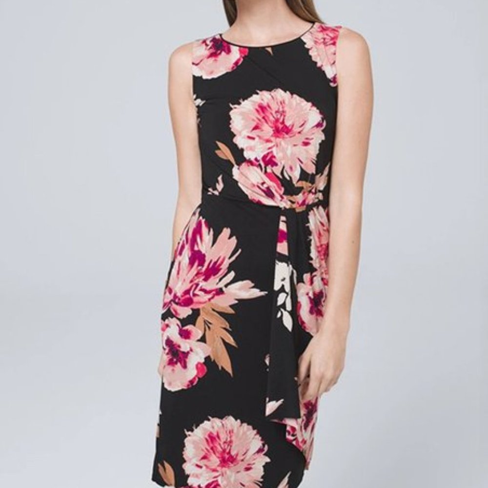 White House Black Market | Black & Rhubarb Floral Draped Sleeveless Sheath Dress